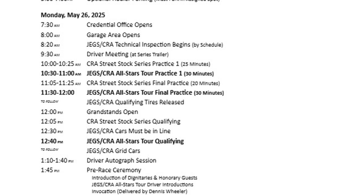 Entry List and Race Day Schedule for Big O Classic Monday, May 26th