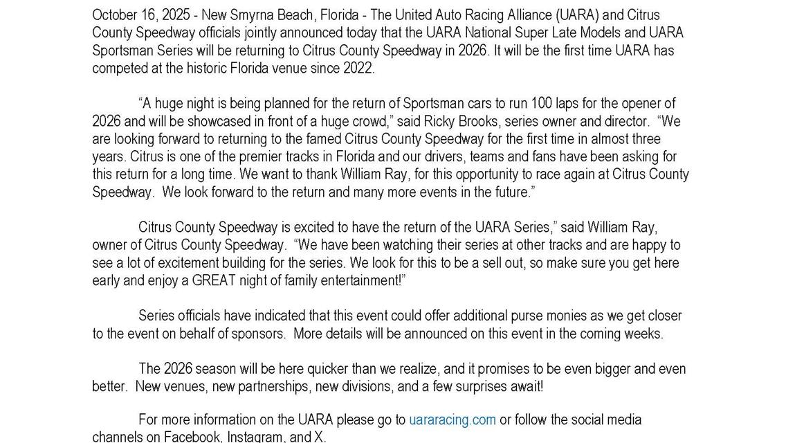 UARA RETURNS TO CITRUS COUNTY SPEEDWAY IN 2026