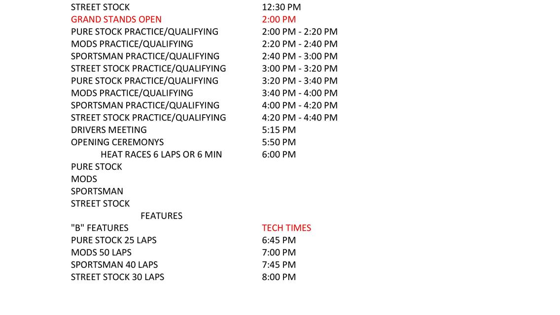 July 12th Race Day Schedule
