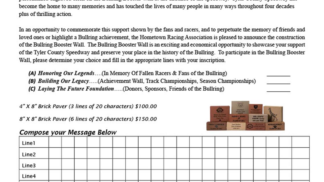 Hometown Racing Association is Pleased to Offer Personalized Engraved Bricks at the Tyler County Speedway