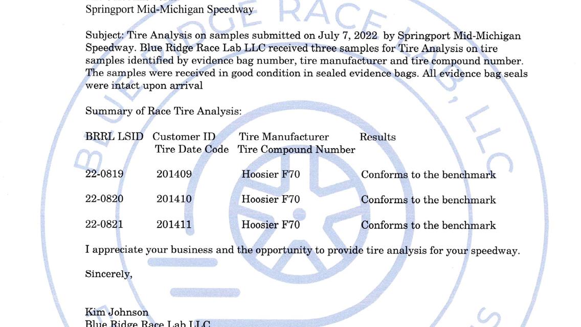 Tire testing results from 7/2/22