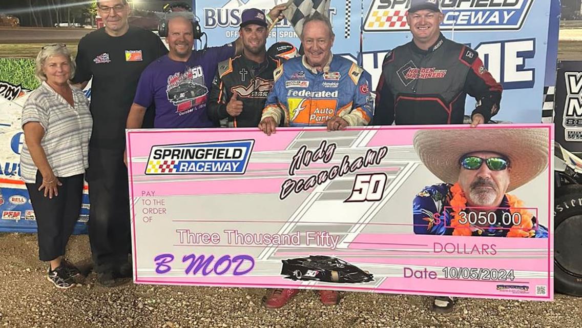 Ken Schrader collected the $3,050 winner&#39;s check in the Andy Beauchamp 50 at Springfield (Mo.) Raceway on October 4, 2024.