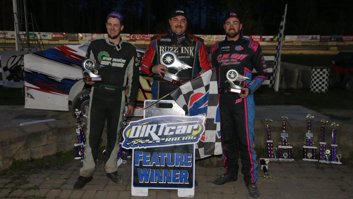 Max Dolliver holds of Jason Gray for VP Racing Fuels DIRTcar Sportsman Mods series event win.  Dustin Towle un-fire with two wins in a row in the LaVa
