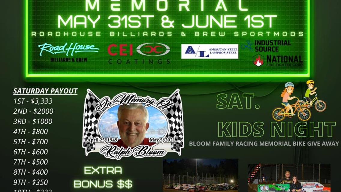 RALPH BLOOM MEMORIAL MAY 31ST &amp; JUNE 1ST AT COTTAGE GROVE SPEEDWAY!