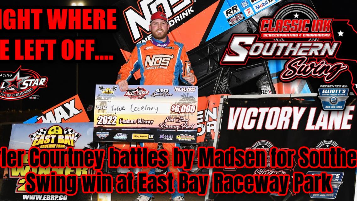 Tyler Courtney battles by Kerry Madsen for Classic Ink Southern Swing win at East Bay Raceway Park