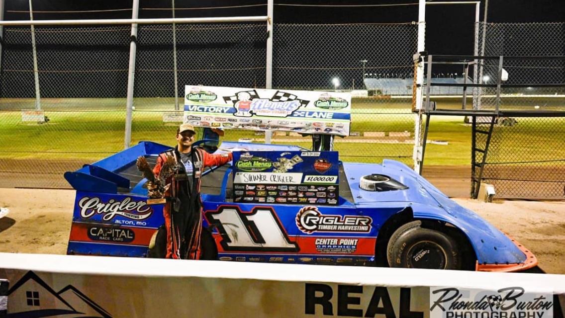 Sawyer Crigler collected $1,000 for his Dirt Track Bank Cash Money Super Dirt Series Late Model win at Salina (Okla.) Highbanks Speedway on August 24.