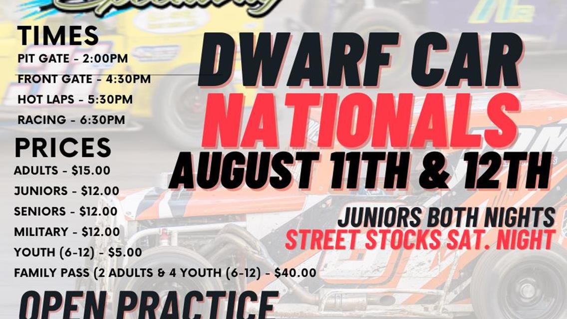 THURSDAY NIGHT OPEN PRACTICE FOLLOWED BY DWARF CAR NATIONALS THIS WEEKEND AT COTTAGE GROVE SPEEDWAY!!