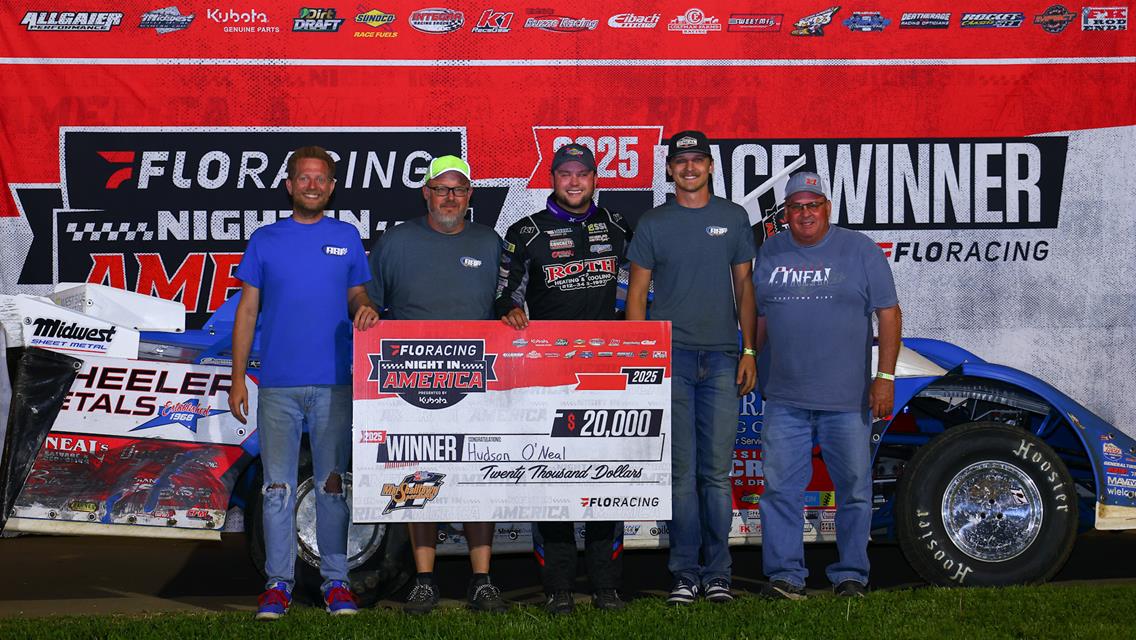 Hudson O&#39;Neal scored the FloRacing Night in America victory presented by Kubota on Tuesday, May 13 at Marshalltown (Iowa) Speedway (Josh James Artwork image)