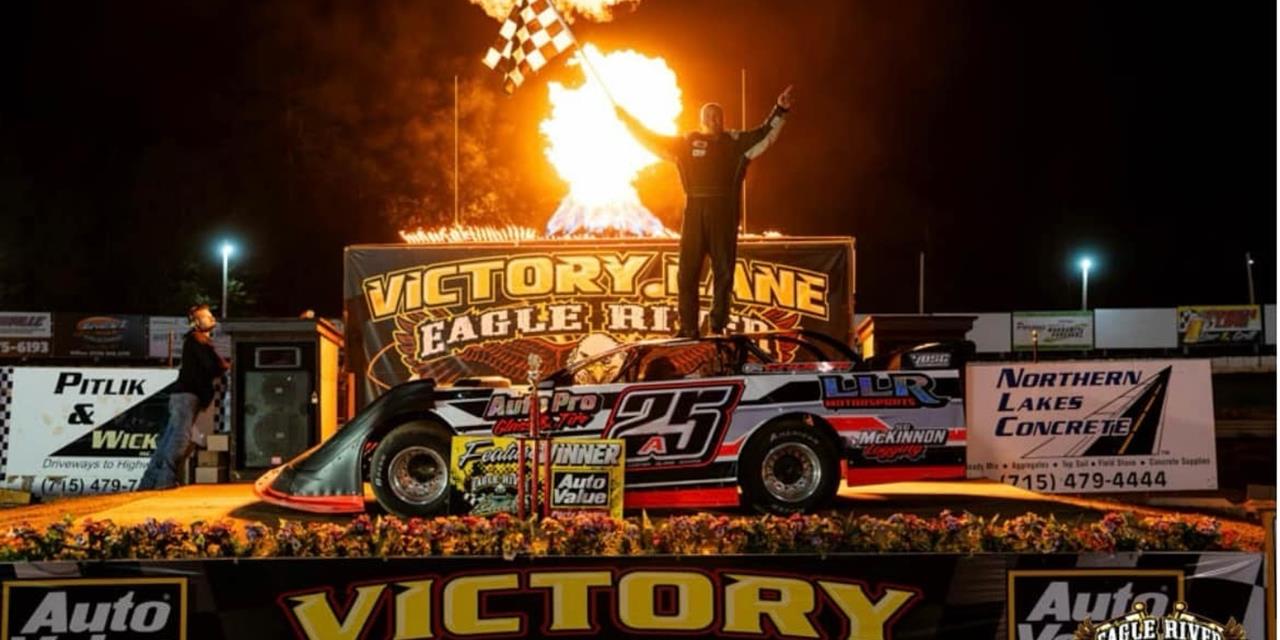 Jesse Aho grabs checkerd flag at Eagle Raceway