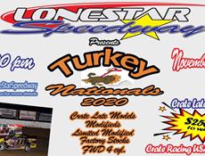 Saturday, November 28th, at 3:00 p.m. Turkey Nationals on  featuring Crate Late Models $2500 to win and $300 to start plus Modifieds, Limited Mods, Factory Stocks, and FWD 4 cylinder. 