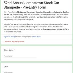 52nd Annual Jamestown Stock Car Stampede - Pre-Entry List