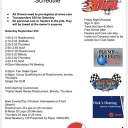 Schedule for 9/24&amp; 9/25 Race Weekend