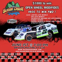 Saturday June 1st Open Wheel Modifieds hash it out for $1000.00 to win! FWD&#39;s $500.0 to win