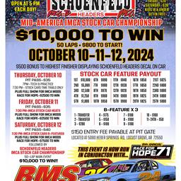 UPDATE - SCHOENFELD HEADERS IMCA STOCK CAR $10K/WIN RE-SCHEDULED OCT 10-11-12