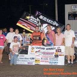 Kaley and the Plath Motorsports team in Victory Lane in Tipton (Stephanie Nevins Photography)
