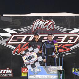 His convincing win in Monday’s Deery Brothers Summer Series main event made Ricky Thornton Jr. the first champion crowned at the 37th annual IMCA Speedway Motors Super Nationals fueled by Casey’s at Boone Speedway. At left is IMCA President Brett Root. (Photo by Tom Macht, www.photofinishphotos.com)