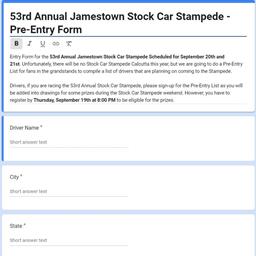 53rd Annual Jamestown Stock Car Stampede - Pre-Entry List