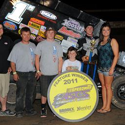 Chad Humston and crew in Speedway Motors ASCS Midwest victory lane after topping Thursday night&amp;#39;s 25-lap feature at Junction Motor Speedway in McCool Junction, NE. (Lonnie Wheatley)