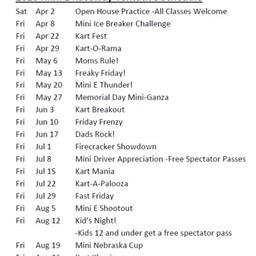 2016 Mini E Raceway Tentative Schedule