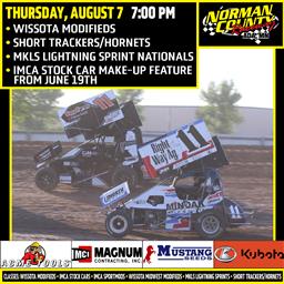 NEXT RACE: Thursday, August 7 – WISSOTA Modifieds | Short Trackers/Hornets | MKLS Lightning Sprint Nationals | IMCA Stock Car make-up feature from Jun