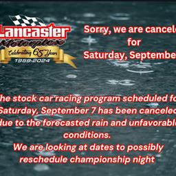 Rain Gets Lancaster&#39;s September 7th Racing Program