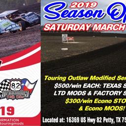 SAT. MARCH 23 7pm: SEASON OPENER &amp; TOURING OUTLAW MODIFIED SERIES! Plus: Open Practice Night 3/22, 6-9pm!