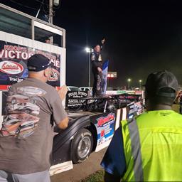 Tom Berry Jr. in victory lane at Benton County Speedway (Vinton, IA) on August 25th, 2024.