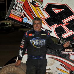 Johnny Herrera won Saturday night&amp;#39;s 25-lap Sunoco Fuel ASCS Southwest feature event at Canyon Speedway Park in Peoria, AZ.  (Terry Shaw photo)