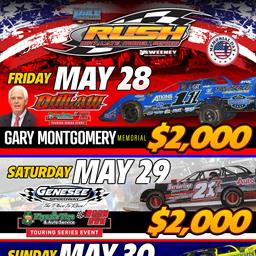 TRIPLEHEADER WEEKEND FOR PACE RUSH LATE MODELS FLYNN&#39;S TIRE/BORN2RUN LUBRICANTS TOUR; OUTLAW FRIDAY FOR &quot;GARY MONTGOMERY MEMORIAL&quot; FOLLOWED BY GENESEE