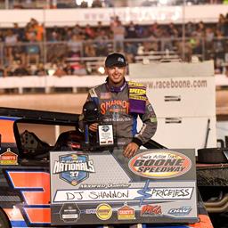 D.J. Shannon led a California sweep of the top three places in Thursday’s first Modified qualifying feature at the IMCA Speedway Motors Super Nationals fueled by Casey’s. (Photo by Tom Macht, www.photofinishphotos.com)