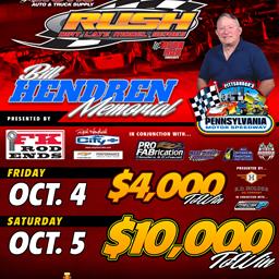 &quot;BILL HENDREN MEMORIAL&quot; PRESENTED BY FK ROD ENDS &amp; CITY CHEVROLET SET FOR THIS WEEKEND AT PITTSBURGH; $4000 TO-WIN FRIDAY PRESENTED BY RD HOLDER OIL C