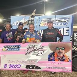 Ken Schrader collected the $3,050 winner&amp;#39;s check in the Andy Beauchamp 50 at Springfield (Mo.) Raceway on October 4, 2024.