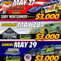 TRIPLEHEADER WEEKEND FOR HOVIS RUSH LATE MODEL FLYNN&#39;S TIRE TOUR; OUTLAW FRIDAY FOR &quot;GARY MONTGOMERY MEMORIAL&quot; FOLLOWED BY GENESEE SATURDAY &amp; BRADFORD