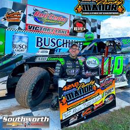 Adams parks Modified in victory lane in Punky Manor Challenge of Champions at Red Cedar