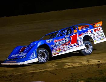 Brandon Sheppard won a $3,000 check for a Freedom 60 Lucas Oil Late Model Dirt Series (LOLMDS) prelim victory at Muskingum County Speedway. (Heath Lawson image)