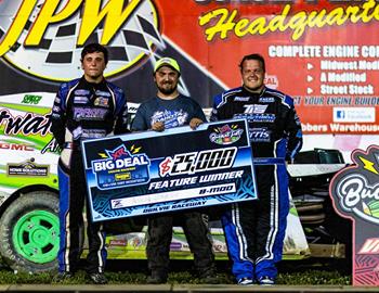 Cody Thompson (right) finishes as runner-up in the B-Mod portion of the XR Big Deal at Ogilvie Raceway (Ogilvie, MN) on July 26, 2025. (XR Events photo)