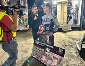 Tristan being interviewed as the 2023 World 100 Rookie of the Race at Eldora Speedway