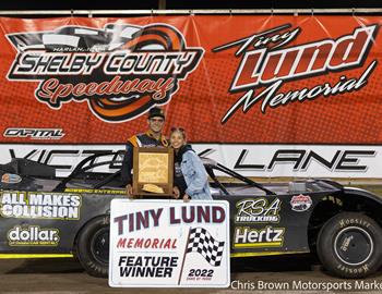 Cole Wayman piloted the All Makes Collision Center / IMCA Late Model to the Saturday night victory in the Tiny Lund Memorial.