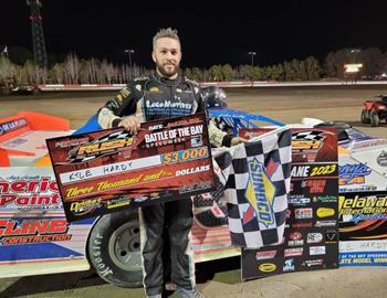 Kyle Hardy won the fifth annual Battle of the Bay Speedweek opener at Delaware International Raceway (Delmar, Del.) on Wednesday, April 12 with the RUSH Dirt Late Model Series.