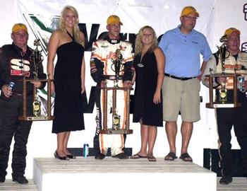 ASCS Knoxville Nationals winner Shane Stewart is joined on the podium by runner-up Wayne Johnson (left) and Gary Wright