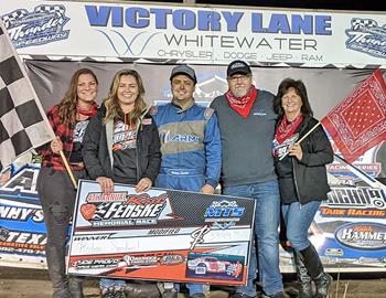 Rodney Sanders celebrates in Victory Lane at Mississippi Thunder Speedway (Fountain City, Wisconsin) after winning the 4th annual Karl Fenske Memorial on May 19, 2023.