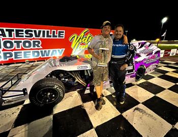 Jeff Taylor celebrates in Victory Lane after winning in the IMCA Modified class at Batesville Motor Speedway on May 7.