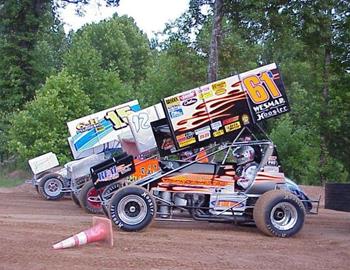 Toby Brown, Joe Young and Sam Hafertepe, Jr., in the I-30 Speedway staging lane