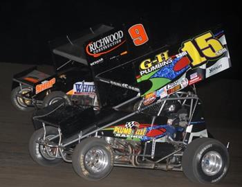 Sam Hafertepe, Jr. (15) and Gary Wright (9) battle at Hartfords I-90 Speedway