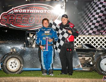 Cody Thompson wins in the IMCA Modified class at Worthington Speedway (Worthington, MN) on May 24, 2025.