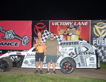 Tom Berry Jr. in victory lane at Marshalltown Speedway (Marshalltown, IA) on August 2, 2024.