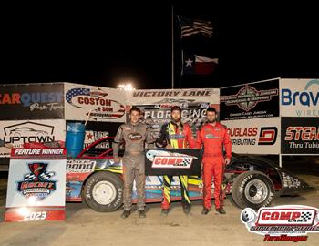 Kyle Beard topped Cade Dillard (right) and Timothy Culp (left) to win the COMP Cams Super Dirt Series event at Rocket Raceway Park (Petty, Texas) on April 15, 2023.