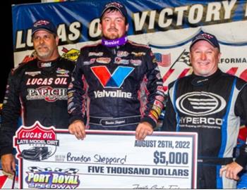 Brandon Sheppard picked up a $5,000 Rumble by the River prelim win with the Lucas Oil Late Model Dirt Series (LOLMDS) on Friday night at Port Royal (Pa.) Speedway. (Heath Lawson image)