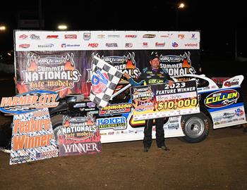 Brian Shirley picked up the $10,000 DIRTcar Summer Nationals Super Late Model victory on Friday, July 7 at Farmer City (Ill.) Speedway. (Todd Healy image)