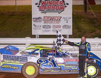 Timothy McKeehan visits Victory Lane after his win Saturday, April 27 at Winder Barrow Speedway.